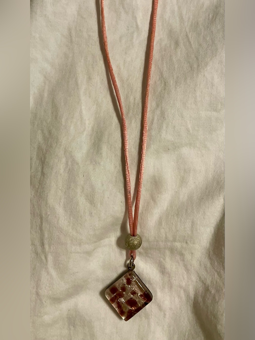 Murano Pink Cord Necklace with Gold-Flecked Glass Pendant and Red Accents